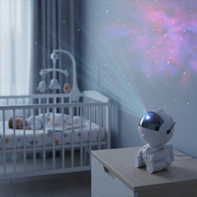 Projecteur galaxie illuminant chambre bébé endormi.