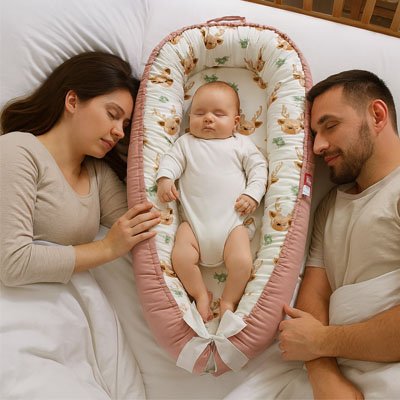 Réducteur de lit bébé lapins rose parents bébé endormi
