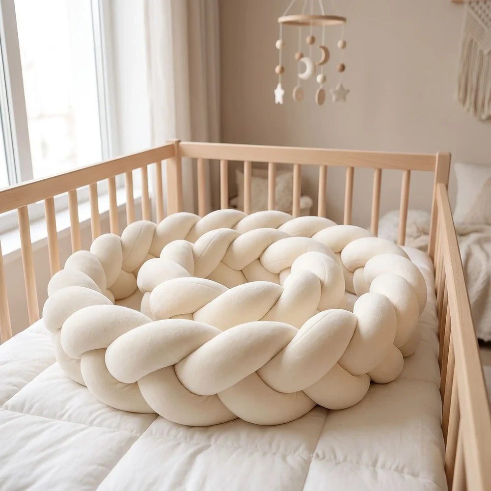 Tresse de lit beige crème à 3 brins enroulée dans un lit à barreaux vide