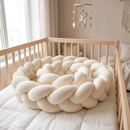Tresse de lit beige crème à 3 brins enroulée dans un lit à barreaux vide