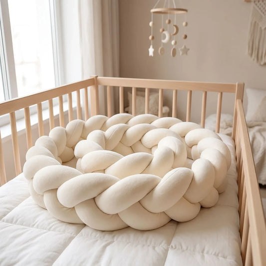 Tresse de lit beige crème à 3 brins enroulée dans un lit à barreaux vide