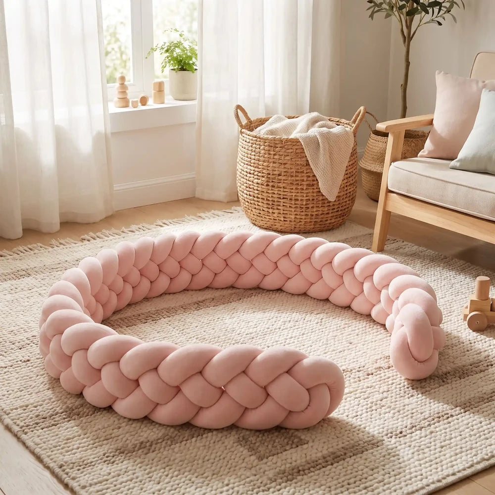 Natte rose poudré posée en arc sur un tapis de chambre