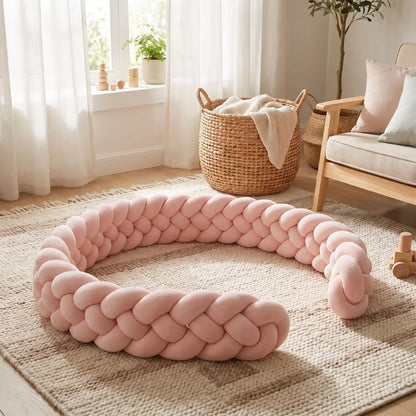 Natte rose poudré posée en arc sur un tapis de chambre