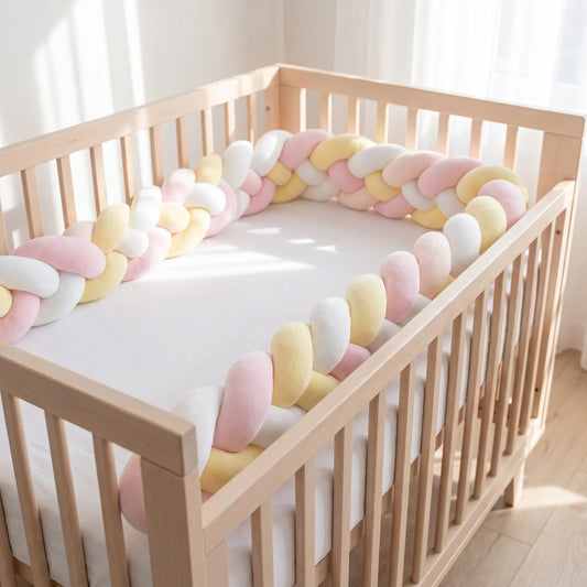 Tresse tour de lit bébé le long des barreaux d'un lit de bébé vide
