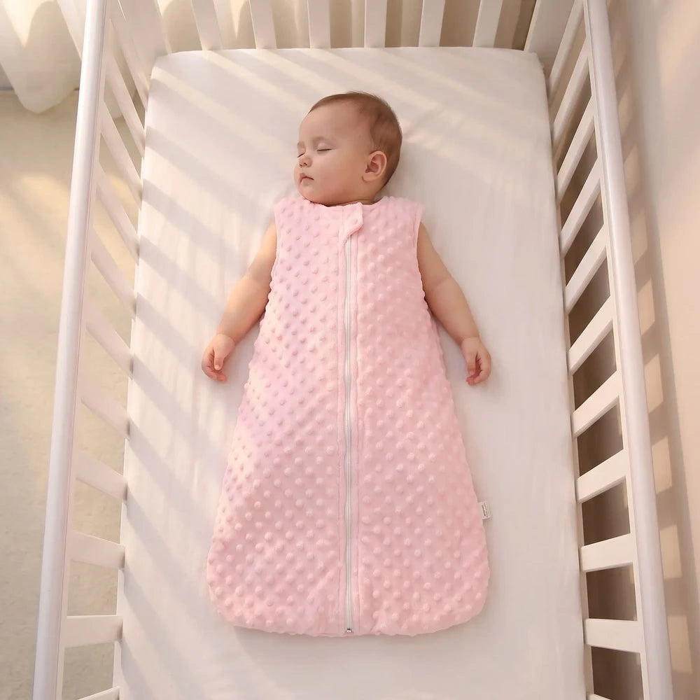 Bébé endormi sur le dos en turbulette naissance rose à pois en relief, dans un lit à barreaux vide