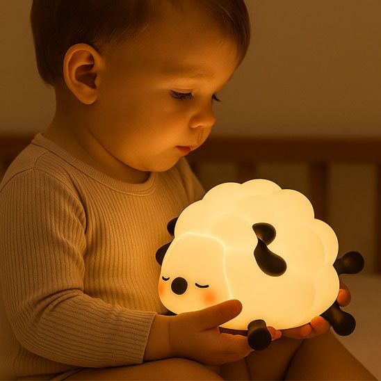 Veilleuse bébé mouton lumineux dans les mains d’un enfant.