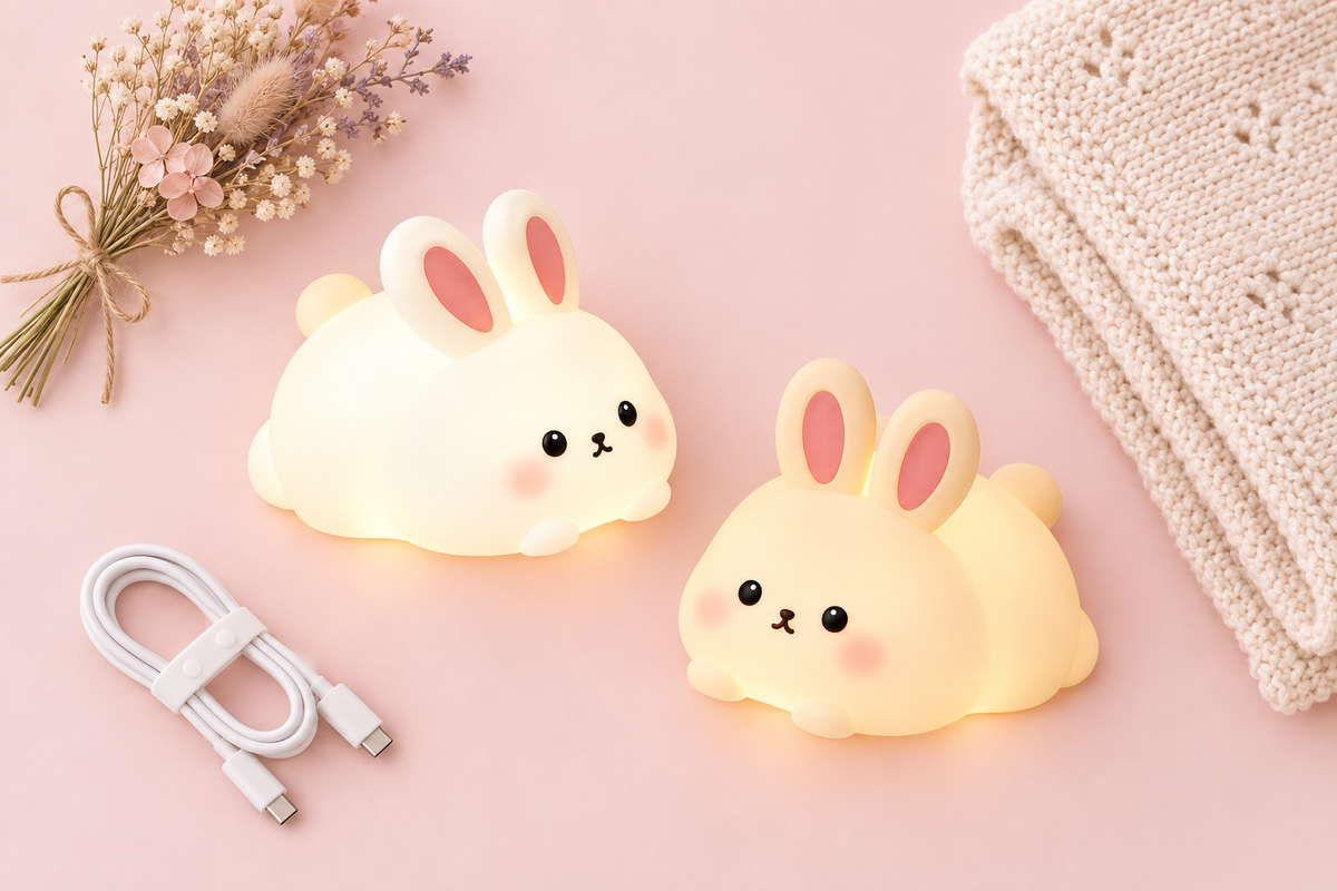 Duo veilleuse lapin bébé avec câble USB-C et accessoires - flat lay pastel