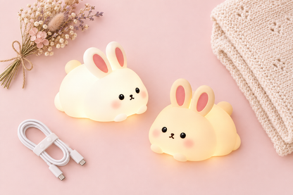 Duo veilleuse lapin bébé avec câble USB-C et accessoires - flat lay pastel