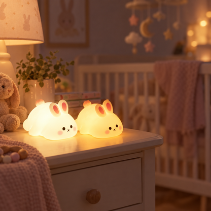 Duo veilleuse lapin bébé dans une chambre - ambiance cocooning