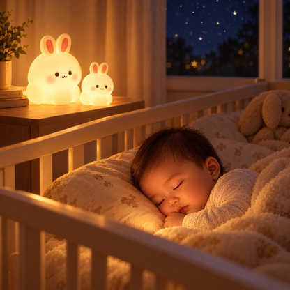 Bébé endormi avec veilleuse lapin duo - nuit douce et apaisante