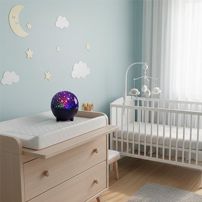 Veilleuse projection bébé 360° effet galaxie total dans la chambre