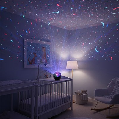 Veilleuse projection bébé 360° effet galaxie total dans la chambre