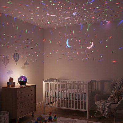 Veilleuse projection bébé 360° effet galaxie total dans la chambre
