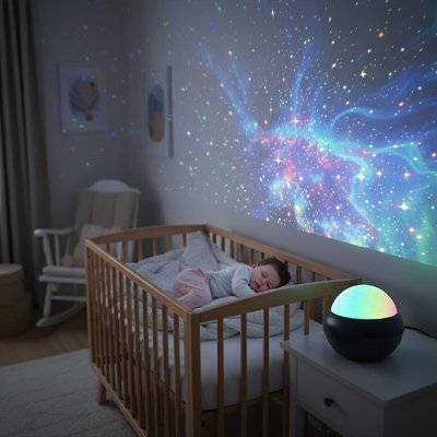 Veilleuse projection crée ciel étoilé apaisant pour bébé.