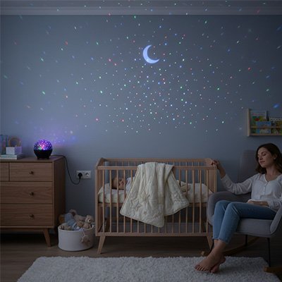 Veilleuse projection illumine chambre bébé en douceur.