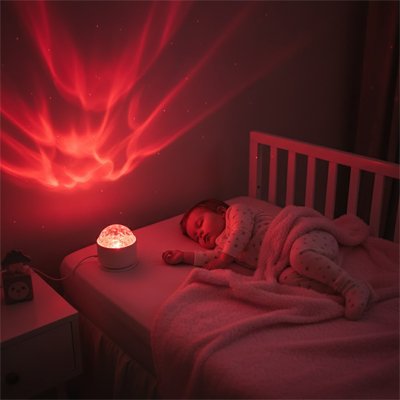 Veilleuse projection rouge apaisant bébé dans son lit.