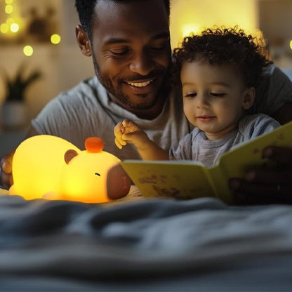 Veilleuse rechargeable animal éclairant un moment lecture enfant.